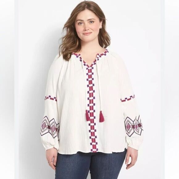 Lane Bryant Classic Split-Neck Embroidered Peasant Blouse - Picture 1 of 8